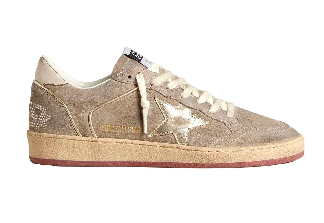 Golden Goose Ball Star Beige Suede with Gold metallic leather star and Bead lettering