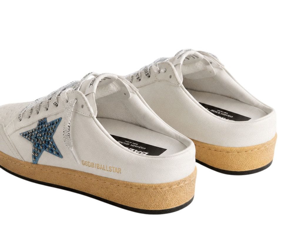 Golden Goose Ball Star Sabot in White Nappa with Blue Crystal Star