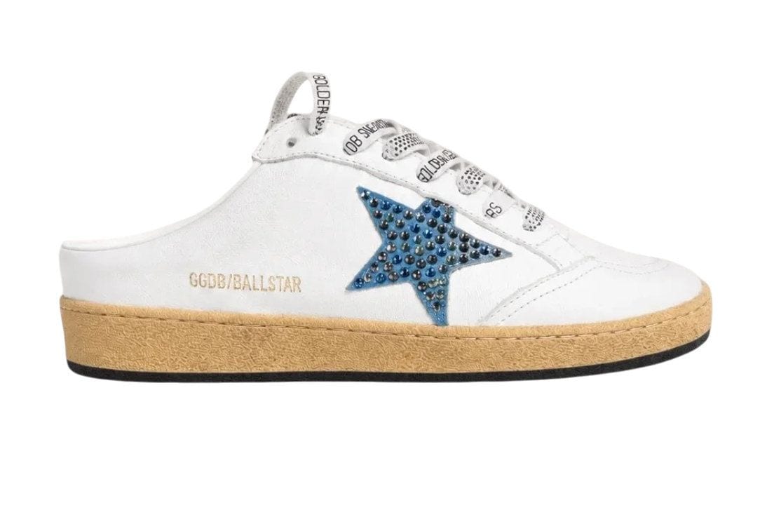 Golden Goose Ball Star Sabot in White Nappa with Blue Crystal Star